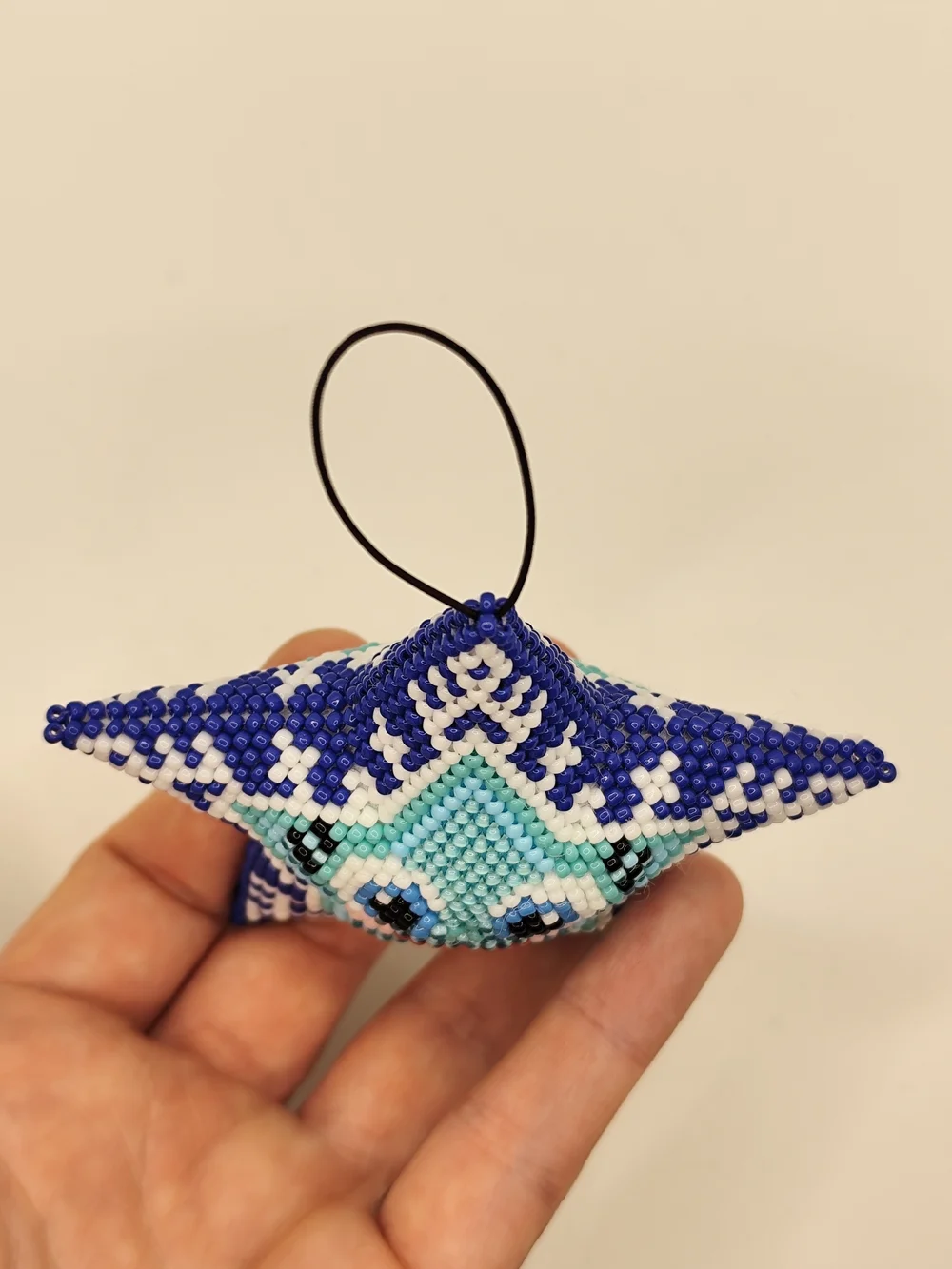 Handmade Blue Star Beaded Holiday Ornament - Smiling Face